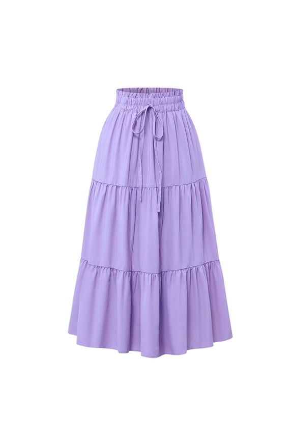 Women's Drawstring A Line Maxi Skirt Flowy Boho High Waisted Ruffle Tiered Long Summer Casual Pleated Skirt Dress Purple,S