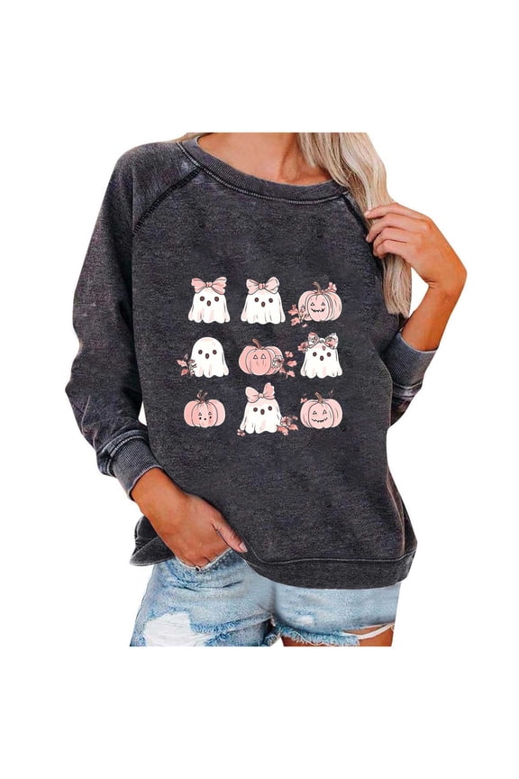 Women's Fall Halloween Tops Halloween Sweatshirts Cute Ghost Graphic Crewneck Sweatshirt Oversized Long Sleeve Pullover Tops 2025 Gray,S