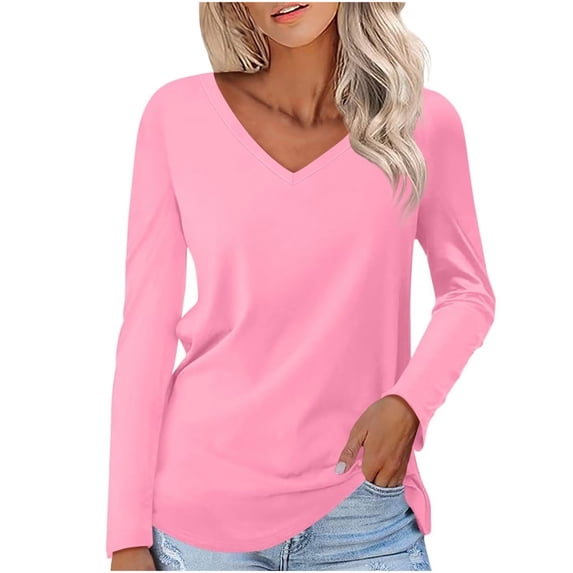aohooy Women's Fitted Long Sleeve V Neck T Shirts Solid Color Basic Casual Summer Tops Fall Trendy Loose Shirts Work Tees 2026 Pink,M