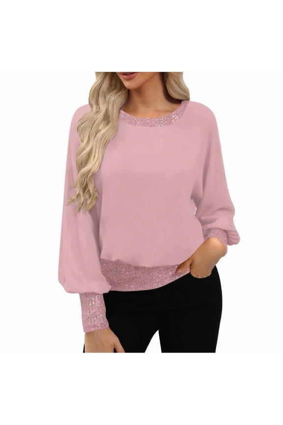 Women's Formal Sequin Tops for Wedding Sparkly Patchwork Lantern Long Sleeve Going Out Tunic Blouses Dressy Chiffon Shirt Pink,XL
