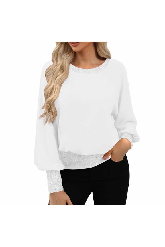 Women's Formal Sequin Tops for Wedding Sparkly Patchwork Lantern Long Sleeve Going Out Tunic Blouses Dressy Chiffon Shirt White,L