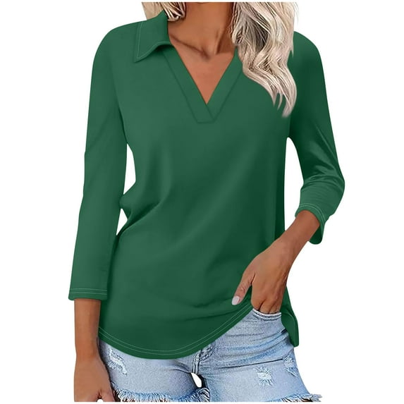 aohooy Women's Golf Polo Shirts 3/4 Length Sleeve V-Neck Collared Tops Basic Plain Summer Business Casual Work Office Shirts 2025 Army Green,XL