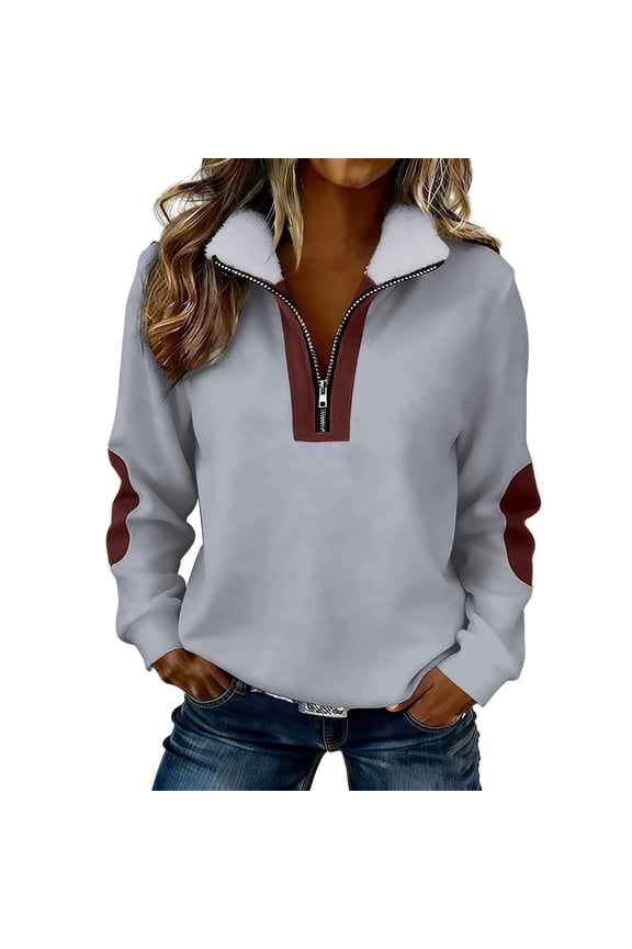Women's Half Zip Sweatshirts Elbow Patch Sherpa Collared Color Block Long Sleeve Fall Winter Pullover Basic Tops Gray,XL