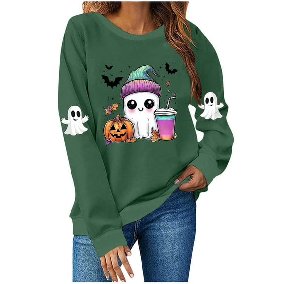 aohooy Women's Halloween Shirt Sweatshirts for Women Ghost Print Long Sleeve Crewneck Pullover Loose Fit Cute Graphic Tee Shirt Army Green,L