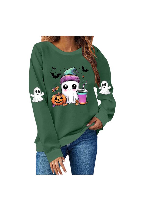 Women's Halloween Shirt Sweatshirts for Women Ghost Print Long Sleeve Crewneck Pullover Loose Fit Cute Graphic Tee Shirt Army Green,L
