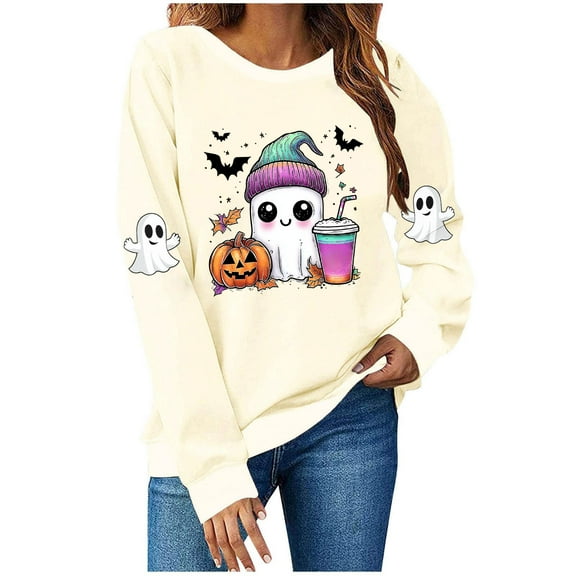 aohooy Women's Halloween Shirt Sweatshirts for Women Ghost Print Long Sleeve Crewneck Pullover Loose Fit Cute Graphic Tee Shirt Beige,S