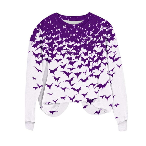 aohooy Women's Halloween Tops 2025 Novelty Bat Printed Gothic Tees Shirts Fall Long Sleeve Crewneck Pullover Sweatshirts Purple,S