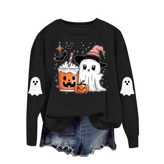 aohooy Women's Halloween Tops Cute Funny Ghost Pumpkin Graphic Long Sleeve Shirt Fall Spooky Pullover Sweatshirts Tops Black,L