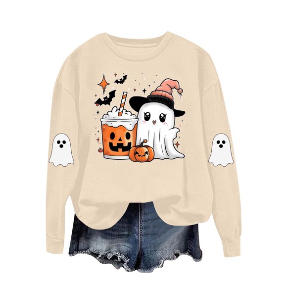 aohooy Women's Halloween Tops Cute Funny Ghost Pumpkin Graphic Long Sleeve Shirt Fall Spooky Pullover Sweatshirts Tops Khaki,S