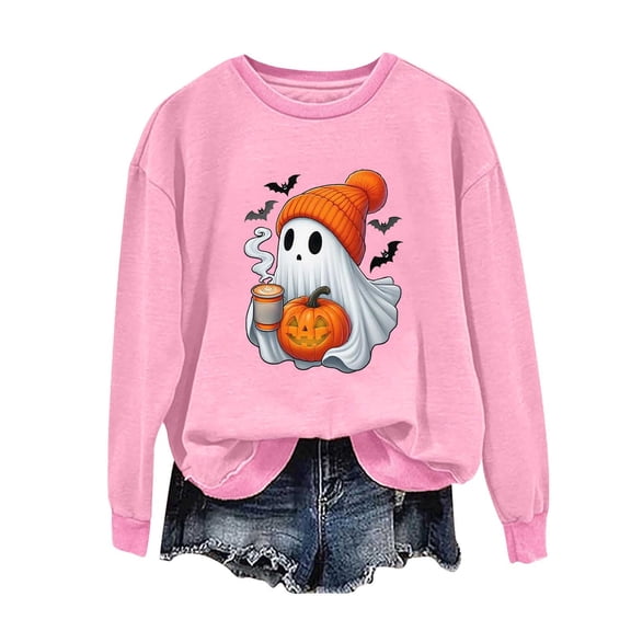 aohooy Women's Halloween Tshirts 2025 Novelty Witch Pumpkin Ghost Bat Print Gothic Shirts Long Sleeve Crewneck Pullover Pink,S