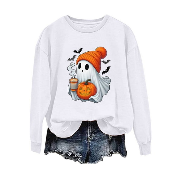 aohooy Women's Halloween Tshirts 2025 Novelty Witch Pumpkin Ghost Bat Print Gothic Shirts Long Sleeve Crewneck Pullover White,XL