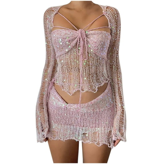 aohooy Women's Hollow Out Skirt Matching Set Long Sleeve Cardigan Jacket Bralette Crop Top Crochet Skirt Three Piece Suit 2025 Pink,M
