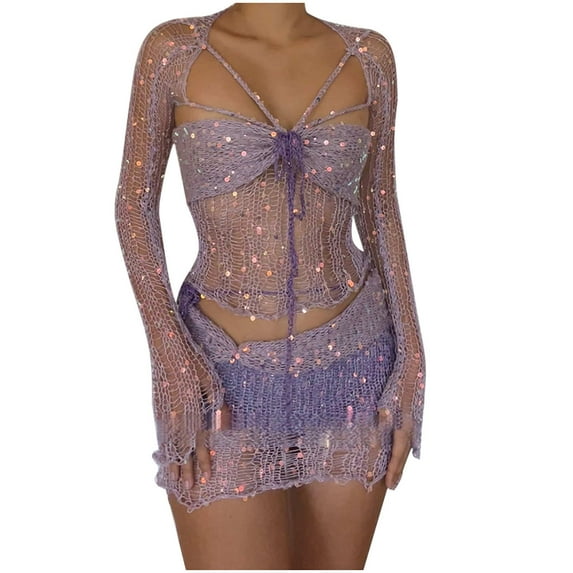 aohooy Women's Hollow Out Skirt Matching Set Long Sleeve Cardigan Jacket Bralette Crop Top Crochet Skirt Three Piece Suit 2025 Purple,L