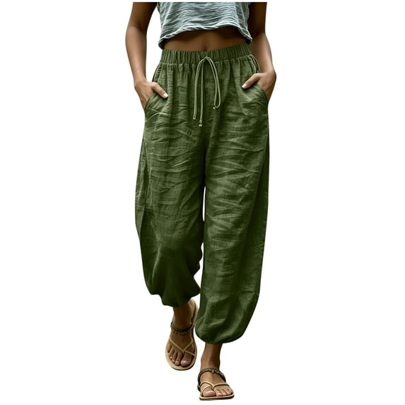 aohooy Women's Lightweight Travel Pants Drawstring Flowy Palazzo Elastic Waist Trousers with Pockets Cotton Summer Lounge Pant Army Green,L
