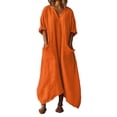thumbnail image 1 of aohooy Women's Linen Maxi Dress 3/4 Sleeve Asymmetric Hem V Neck Loose Fit Summer Vacation with Pockets Orange,L, 1 of 7