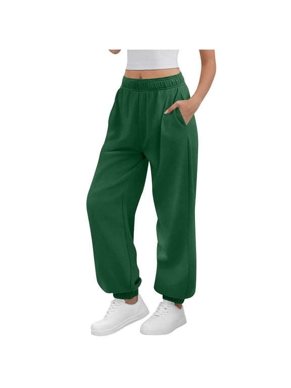 Women's Loose Pants Baggy Fall Elastic Waist Pant Trendy Solid Pull On Casual Jogger Trousers with Pockets Army Green,M