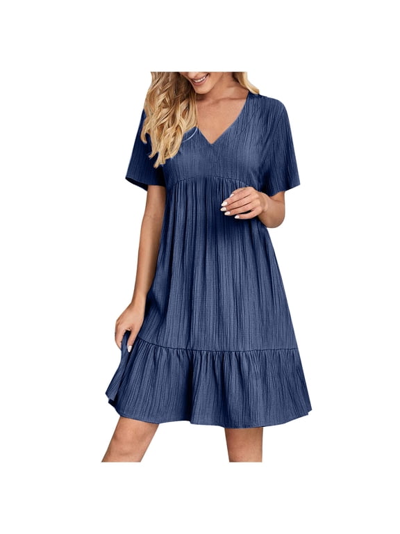 Women's Midi Dresses Plus Size Short Sleeve A-Line Casual Loose T-Shirt Dresses Flare Flowy Beach Sundress Dresses Navy,XXL