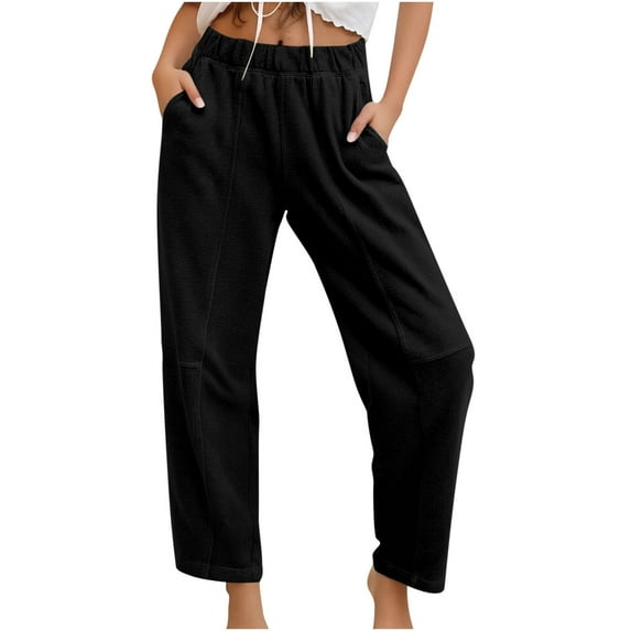 aohooy Women's Pants Slacks Wide Leg Solid Pull On Sweatpant Elastic Waist Athletic Loose Jogger Pant with Pockets Black,XXL