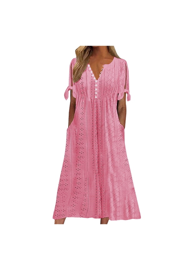 Women's Pastel Boho Eyelet Dress V Neck Tie Knot Short Sleeve Flowy Beach Trip Midi Dresses with Pockets Pink,L