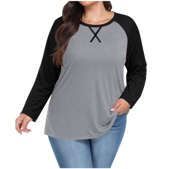 aohooy Women's Plus Size Baseball Shirt Criss Cross Colorblock Tunic Tops for Women Crew Neck Raglan Long Sleeve Casual T Shirts Gray,S