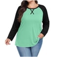 thumbnail image 1 of aohooy Women's Plus Size Baseball Shirt Criss Cross Colorblock Tunic Tops for Women Crew Neck Raglan Long Sleeve Casual T Shirts Mint Green,XXXL, 1 of 7