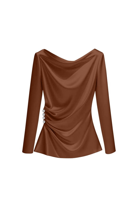 Women's Satin Blouse Cowl Neck Draped Silky Long Sleeve Dressy Business Casual Top Shirt Wrap Buttons Ruched Elegant Tunic Coffee,S
