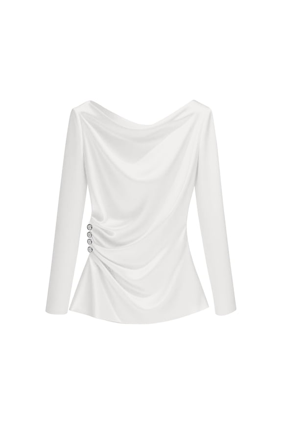 Women's Satin Blouse Cowl Neck Draped Silky Long Sleeve Dressy Business Casual Top Shirt Wrap Buttons Ruched Elegant Tunic White,L