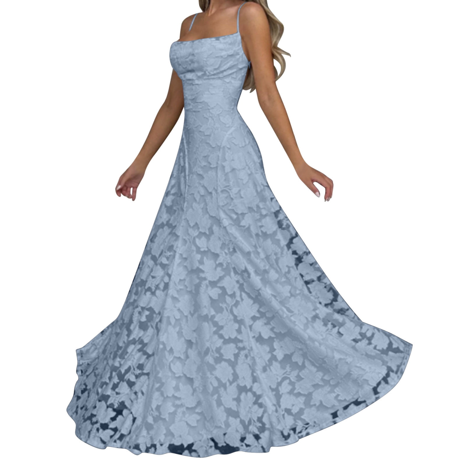 aohooy Women's Scoop Neck Prom Dresses Long Jacquard Wedding Bride Bodycon Dress Backless a Line Spaghetti Straps Formal Evening Blue,L