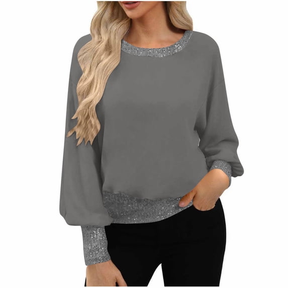aohooy Women's Sequin Tops Sparkle Long Sleeve Blouses Elegant Dressy Formal Chiffon Shirt Shimmer Glitter Patchwork Party Tunics Gray,M