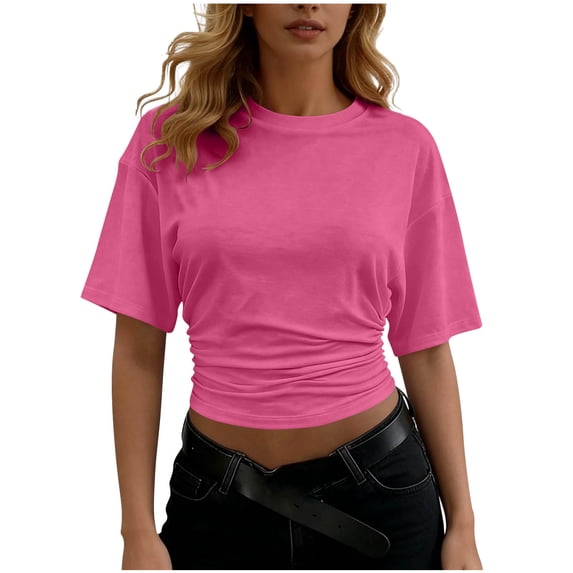 aohooy Women's Short Sleeve Ruched Cinched Waist Crop Top Summer Crew Neck Going Out Tops Fitted Half Sleeve Y2K Tee Shirts 2026 Hot Pink,S