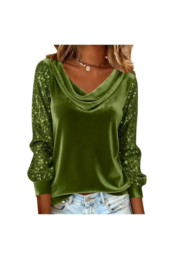 Women's Sparkly Velvet Tops Elegant Cowl Neck Long Sleeve Velour Blouse Tunic Shirts Dressy Casual Party Holiday Luxury Top Army Green,M