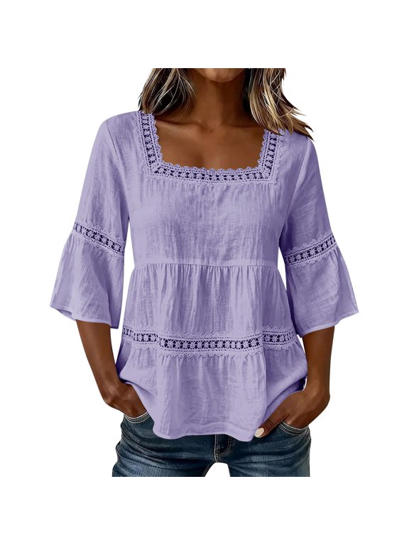 Women's Square Neck Lace Patch 3/4 Sleeve Linen Tops Cotton Summer Gauze Tunic Shirts Dressy Casual Top and Blouses 2026 Purple,S