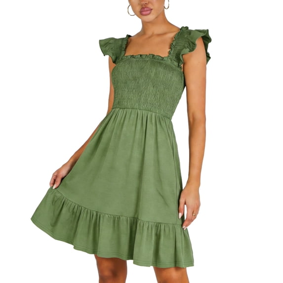 aohooy Women's Summer Casual Sleeveless Square Neck Dress 2026 Smocked Ruffle Hem Backless Boho Beach Cute Teen Short Sundress Green,L