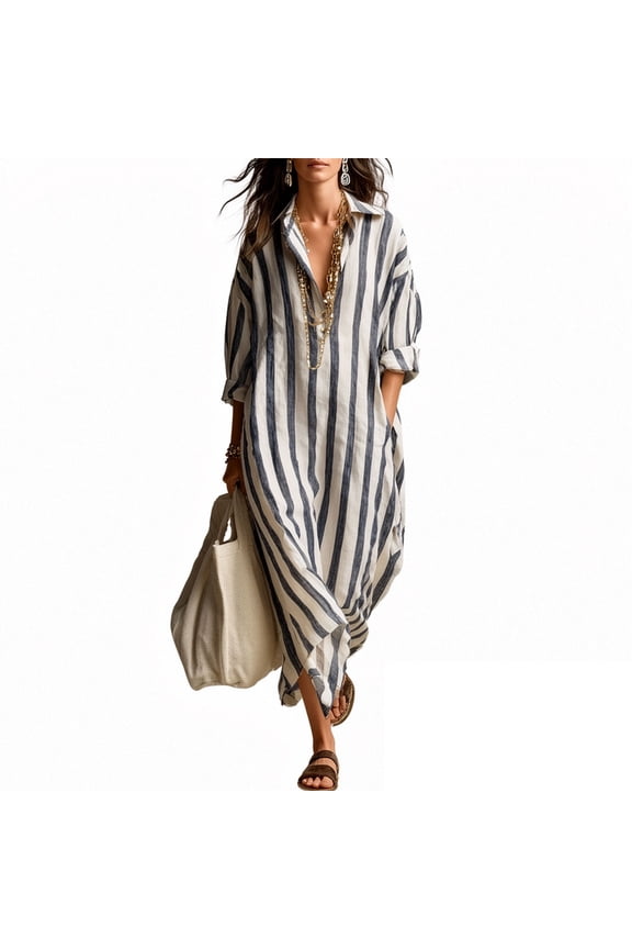 Women's Summer Striped Shirt Dress Roll up Sleeve Oversized Boho Beach Vacation Side Split Lapel Kaftan Dress with Pockets Blue,M