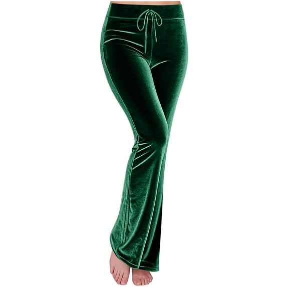 aohooy Women's Velvet Leggings - Dressy Casual Wide Leg Yoga Pants Lounge Bootcut Stretchy High Waisted Palazzo Trousers Green,L