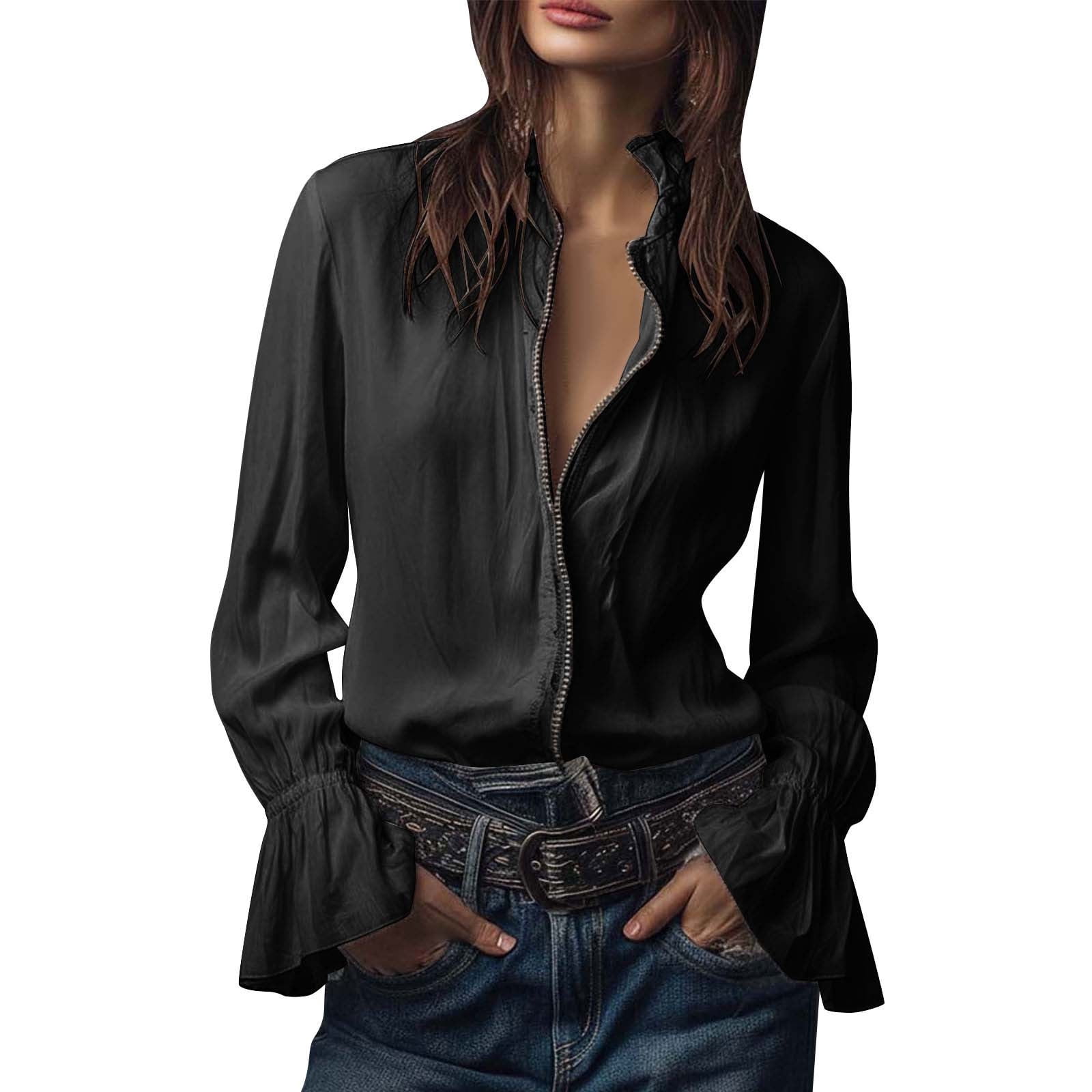 aohooy Women's Vintage Zipper Front Long Sleeve Blouse Collared Ruffled ...