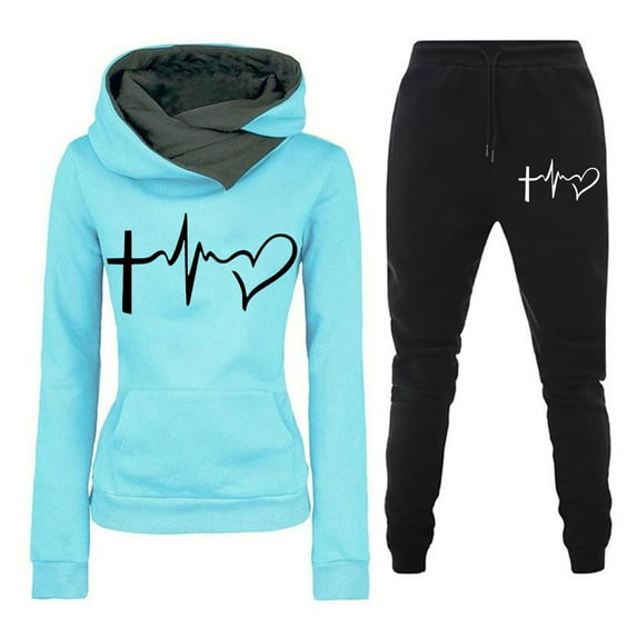 aohooy Womens 2 Piece Sweatsuits Sweatpants and Cowl Neck Hoodie Set Long Sleeve Heart Print Graphic Jogging Tracksuit Set with Pocket 2025 Light Blue,XL