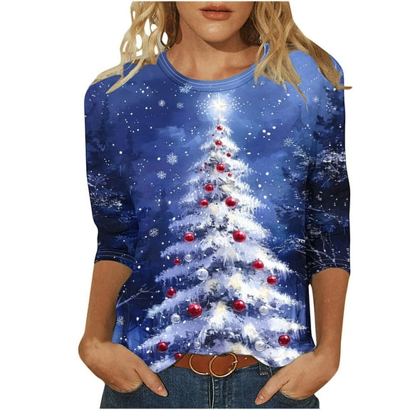 aohooy Womens 3/4 Sleeve Christmas Tops Xmas Tree Cute Print Tops Crew Neck Graphic Tees Holiday Plus Size Shirt Blouse Navy,L