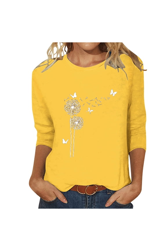 Womens 3/4 Sleeve Shirts for Women Crew Neck Wild Flower Graphic Blouse Cute Dandelion Printed Casual Summer Tunic Tops Tee Shirt 2025 Yellow,L