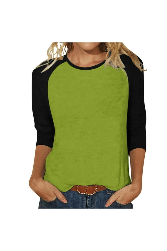 Womens 3/4 Sleeve Tops Casual Raglan Crew Neck T Shirts Trendy Cute Color Block Three Quarter Length Shirts Spring Summer Basic Tees 2025 Army Green,S