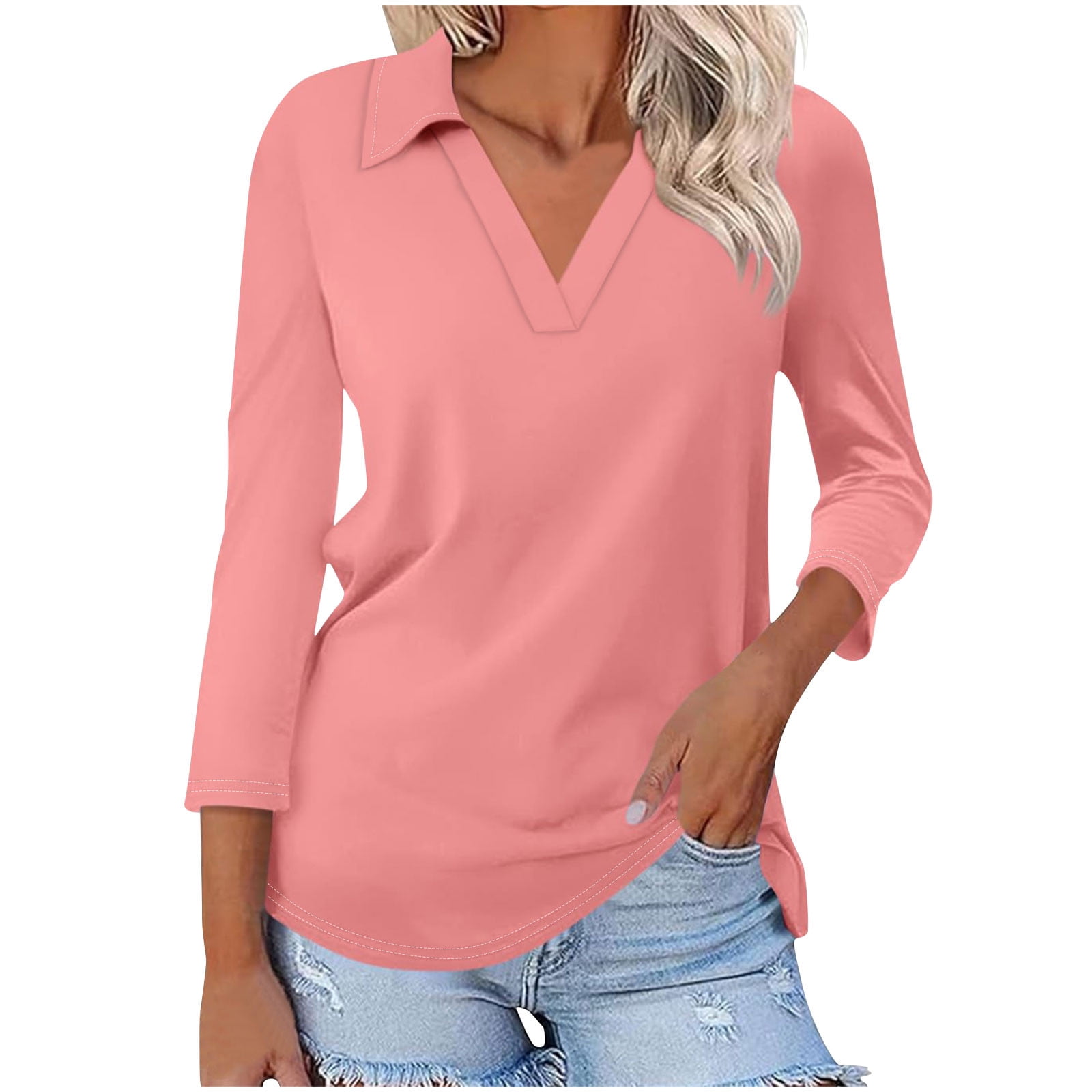 aohooy Womens 3/4 Sleeve Tops V Neck Work Polo Shirts Elegant Dressy ...