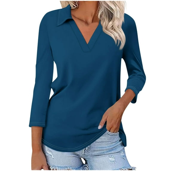 aohooy Womens 3/4 Sleeve Tops V Neck Work Polo Shirts Elegant Dressy Casual Collared Blouses Basic Three Quarter Length Tunic Tops 2025 Navy,S