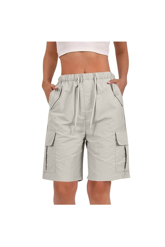 Womens Bermuda Cargo Shorts Stretch Knee Length Summer Casual Wide Leg Drawstring Hiking Work Shorts with Multi Pockets Gray,S
