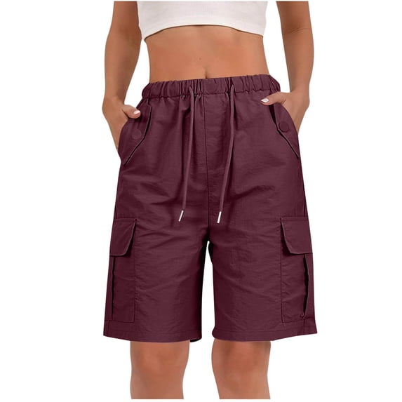 aohooy Womens Bermuda Cargo Shorts Stretch Knee Length Summer Casual Wide Leg Drawstring Hiking Work Shorts with Multi Pockets Wine,M