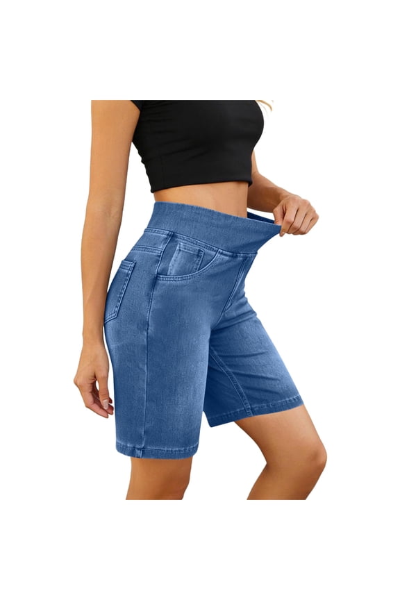 Womens Bermuda Stretchy Jean Shorts High Elastic Waist Plus Size Denim Shorts Pull On Knee Length Jorts with Pockets 2026 Blue,XXL