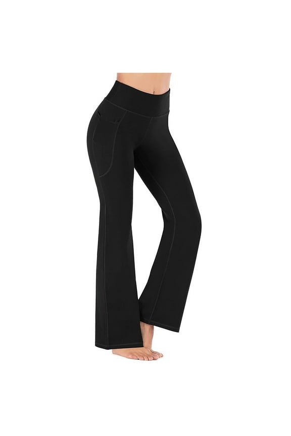 Womens Business Casual Pants Petite High Waisted Trendy Wide Leg Yoga Pant Workout Plus Size Tummy Control Solid Bootcut Leggings with Pocket Black