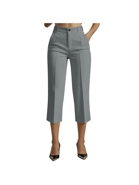 Womens Business Dress Capri Pants Summer Stretchy Pull On Office Work Capris Straight Wide Leg Cropped Pant with Pockets Gray,XXL