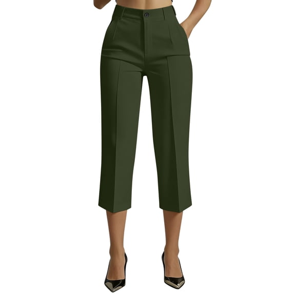 aohooy Womens Business Dress Capri Pants Summer Stretchy Pull On Office Work Capris Straight Wide Leg Cropped Pant with Pockets Green,XL