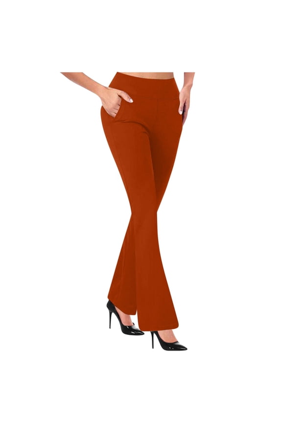 Womens Business Pants High Waist Stretchy Work Flare Pant Tummy Control Casual Pull On Office Slacks Bottom Trousers Orange,M