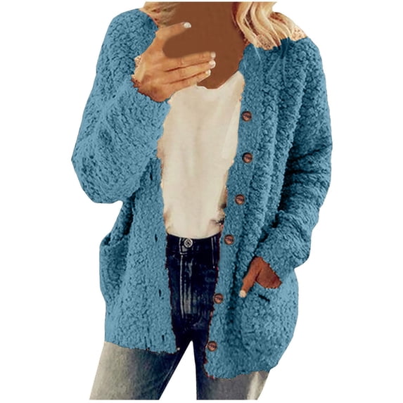 aohooy Womens Cardigan Sweaters Button Down Sherpa Hooded Cardigans with Pockets Open Front Fuzzy Long Sleeve Sweater Sky Blue,XL
